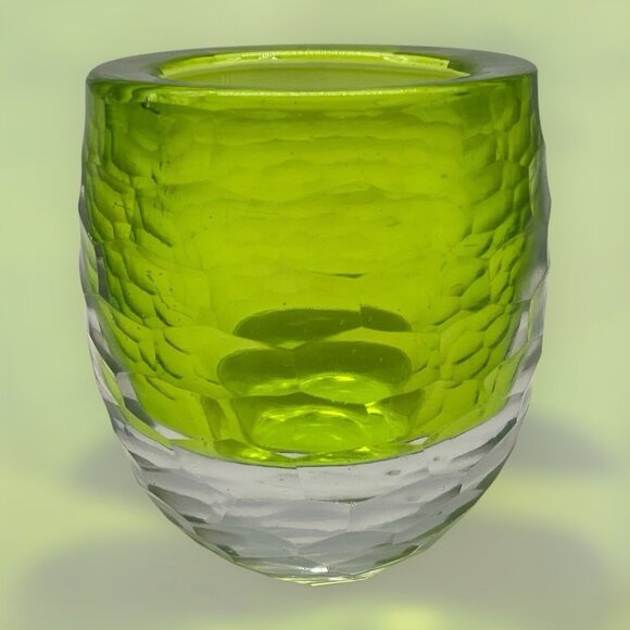 Faceted Green and Clear Art Glass Votive Holder Heavy Quality Glass Collectible - Picture 5 of 15